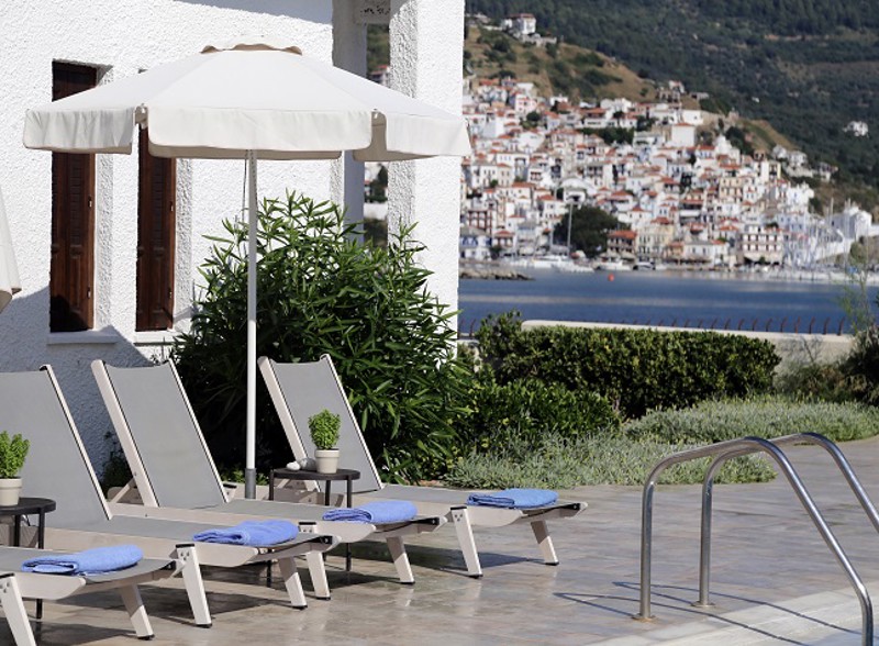 Swimming pool at Skopelos Village Hotel, Skopelos Town in Greece
