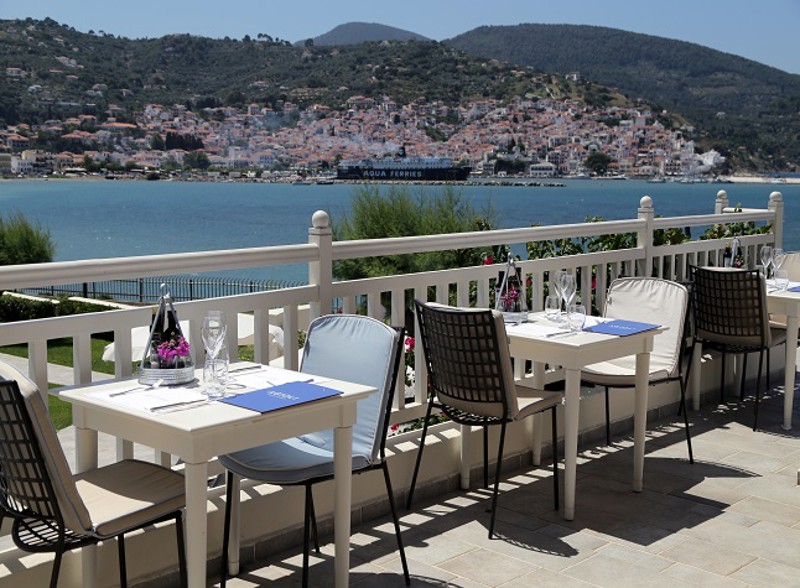 Restaurant at Skopelos Village Hotel, Skopelos Town in Greece