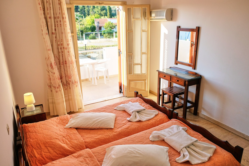 Studio's bedroom at Tria Adelphia, Arillas, Corfu, Greece.