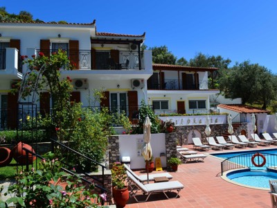 Pool area at the Filokalia Apartments in Skiathos