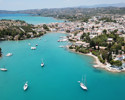 Village of Porto Heli with turquoise and emerald clear waters, Argolida, Peloponnese, Greece