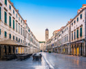 Scenic Morning View At Marble Old Historic Street Stradun (Placa) In Famous Touristic Resort In Europe, Dubrovnik Town, Croatia. Selective Focus.