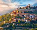 Antique City Motovun Croatia Istria. Picturesque Panorama Age Old Village At Hill With Pink Cloud And Sunny Light And Authentic Home With Red Tegular Roof And Green Vineyard Garden.